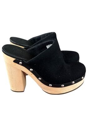 Woolrich | Women’s Black Wool Mule Journalist Clogs Wooden Heel Platform Soles 9